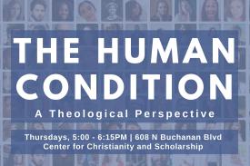 Blue background with a variety of faces. Text: The Human Condition: A Theological Perspective